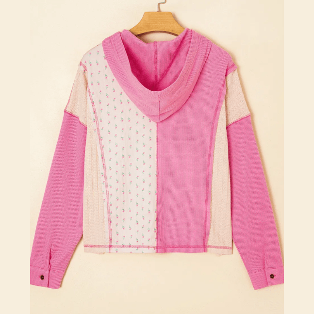 Lani Pink Mixed Texture Waffle Floral Patchwork Hooded Oversize Pullover