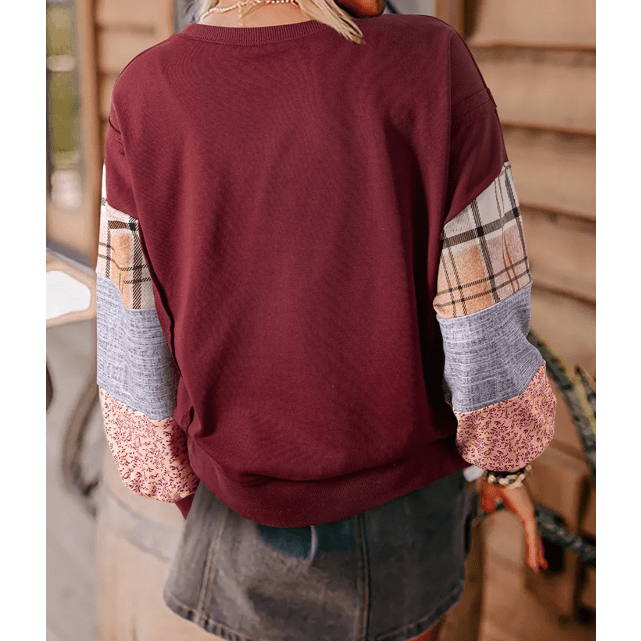 Delinda Plaid Colorblock Patchwork Sleeve Raw Seam Sweatshirt