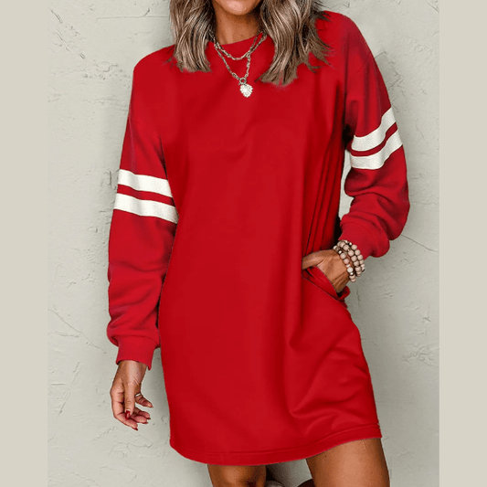Red Varsity Contrast Banded Sleeve Shift Sweatshirt Dress