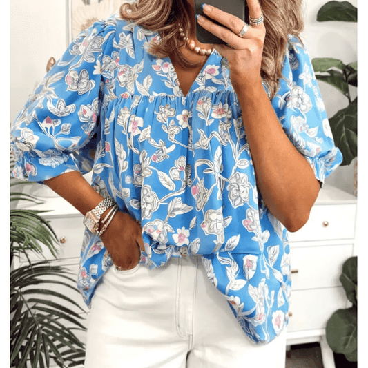 Lana Sky Blue V Neck Floral Print 3/4 Puff Sleeve Blouse