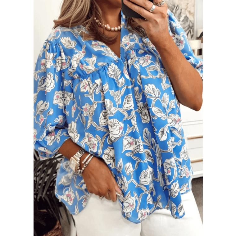 Lana Sky Blue V Neck Floral Print 3/4 Puff Sleeve Blouse