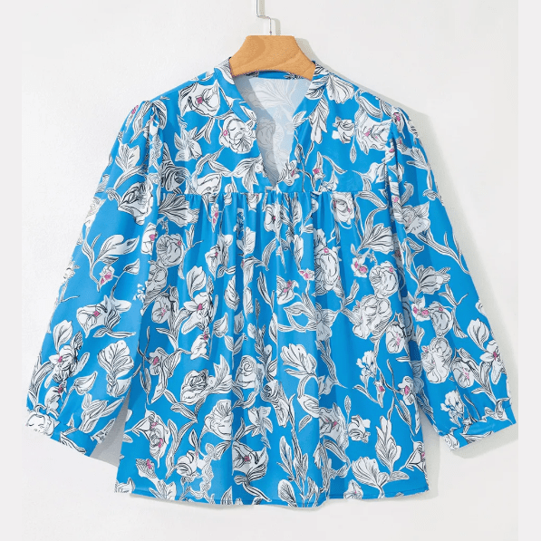Lana Sky Blue V Neck Floral Print 3/4 Puff Sleeve Blouse