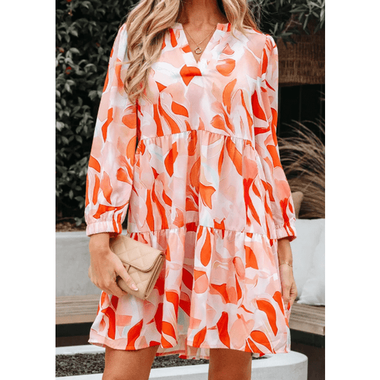 Gemma Orange Abstract Print Split Neck Long Sleeve Dress