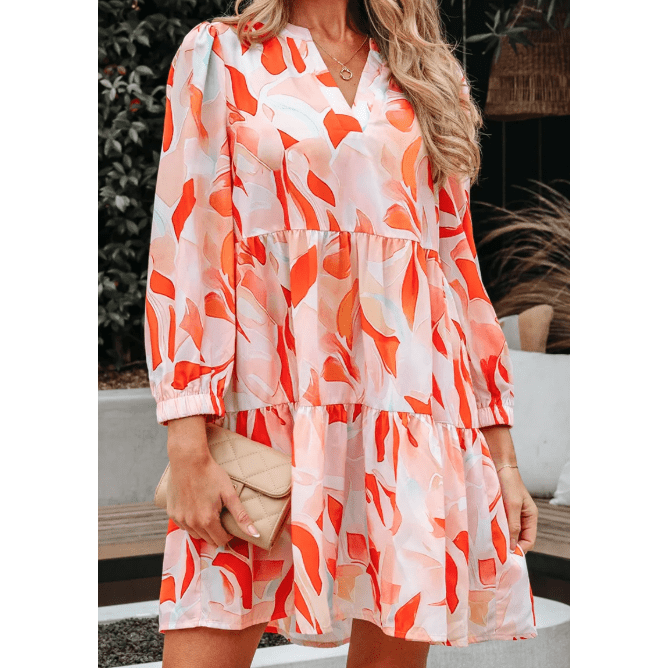 Gemma Orange Abstract Print Split Neck Long Sleeve Dress