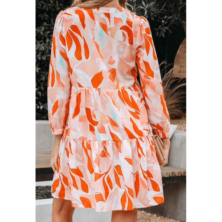 Gemma Orange Abstract Print Split Neck Long Sleeve Dress