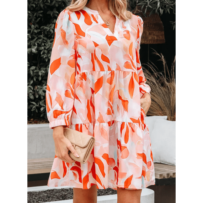 Gemma Orange Abstract Print Split Neck Long Sleeve Dress