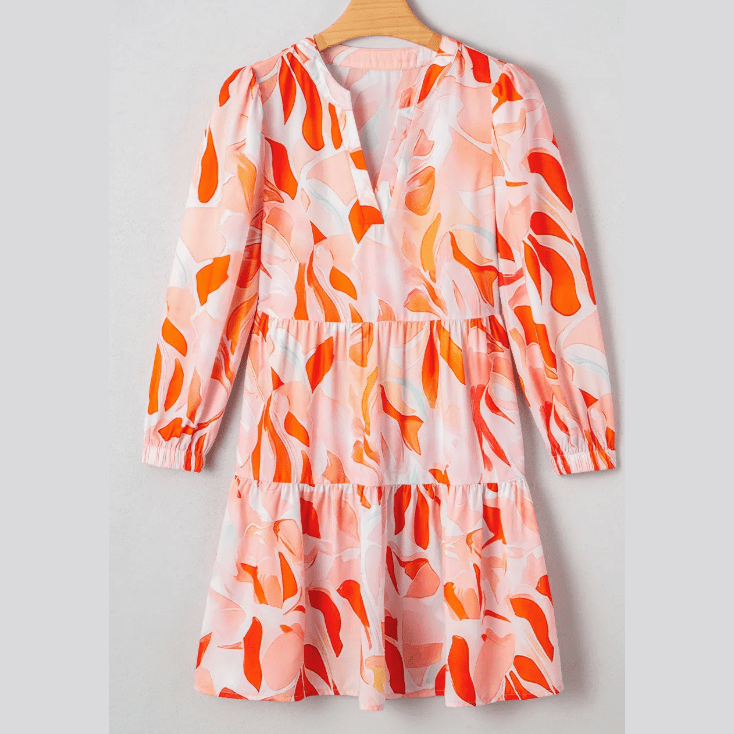 Gemma Orange Abstract Print Split Neck Long Sleeve Dress