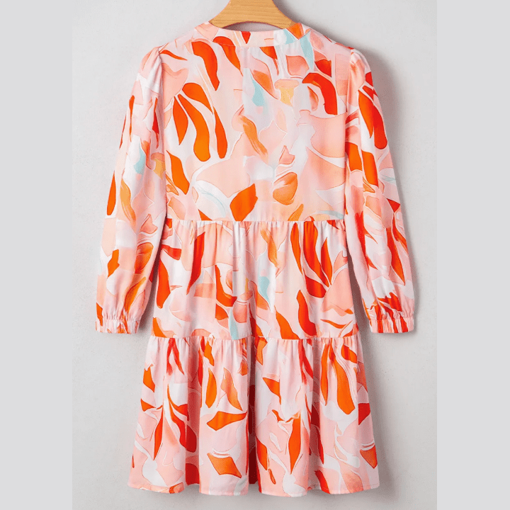 Gemma Orange Abstract Print Split Neck Long Sleeve Dress