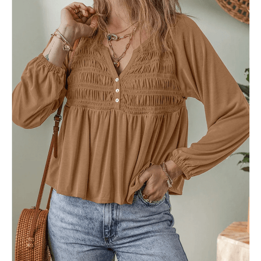 Kleo Cinnamon Smocked Bust Buttoned Split V Neck Flow Fit Blouse