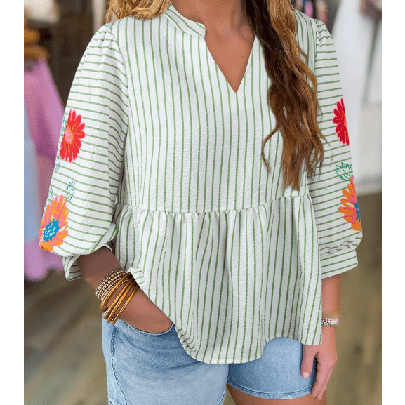 Dusty Green Stripe Flower Puff Sleeve Notched V Neck Babydoll Blouse