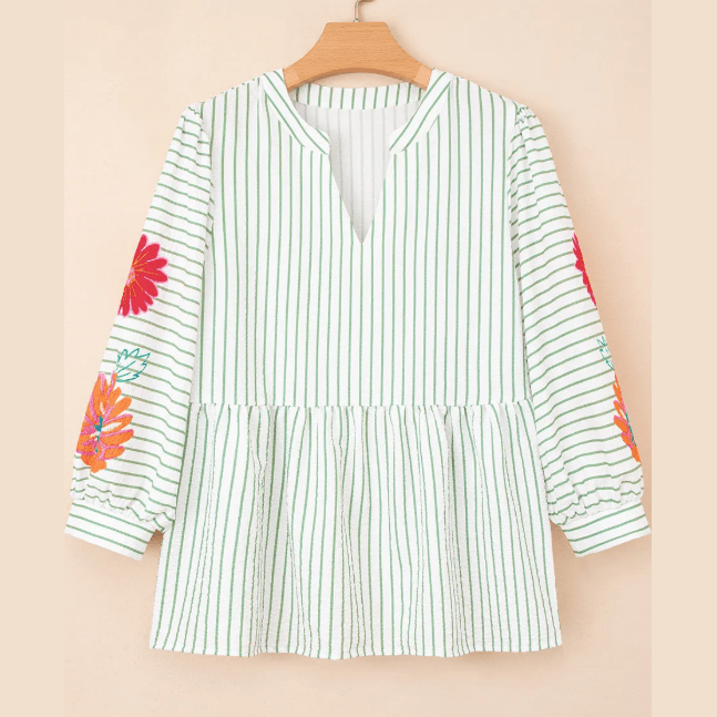 Dusty Green Stripe Flower Puff Sleeve Notched V Neck Babydoll Blouse
