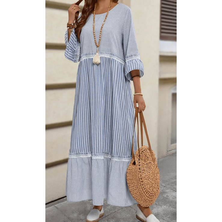 Cait Sky Blue Stripe Patchwork Crossed Lace Detail Bracelet Sleeve Maxi Dress