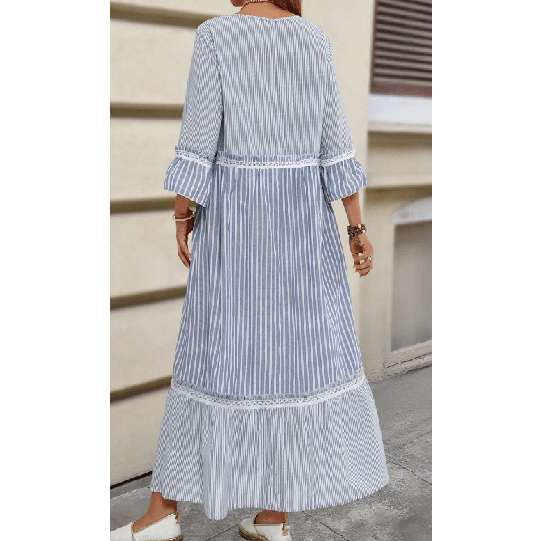 Cait Sky Blue Stripe Patchwork Crossed Lace Detail Bracelet Sleeve Maxi Dress