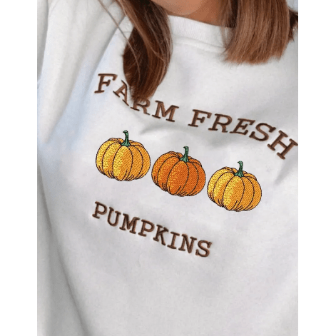 White FARM FRESH PUMPKINS Embroidered Graphic Thanksgiving Holiday Sweatshirt