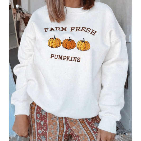 White FARM FRESH PUMPKINS Embroidered Graphic Thanksgiving Holiday Sweatshirt