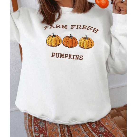 White FARM FRESH PUMPKINS Embroidered Graphic Thanksgiving Holiday Sweatshirt