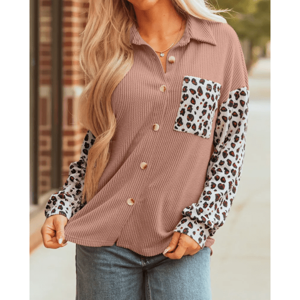 Adeline Dark Khaki Leopard Patched Twisted Ribbed Western Casual Shacket