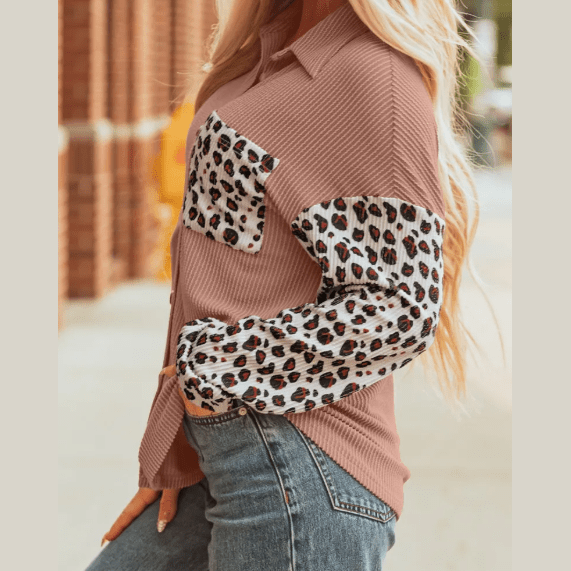 Adeline Dark Khaki Leopard Patched Twisted Ribbed Western Casual Shacket