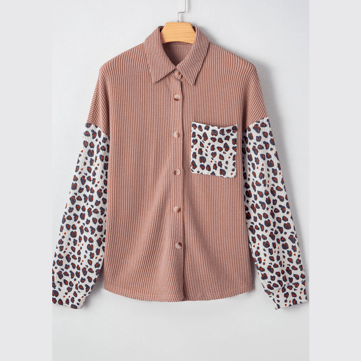 Adeline Dark Khaki Leopard Patched Twisted Ribbed Western Casual Shacket