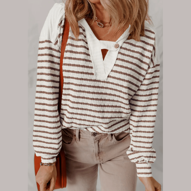 Bertha Khaki Stripe Textured Hooded V Neck Casual Long Sleeve Top