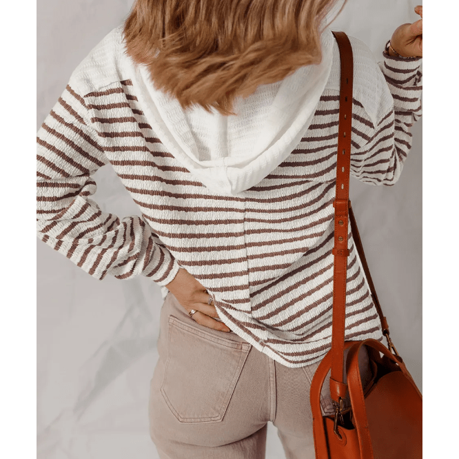 Bertha Khaki Stripe Textured Hooded V Neck Casual Long Sleeve Top