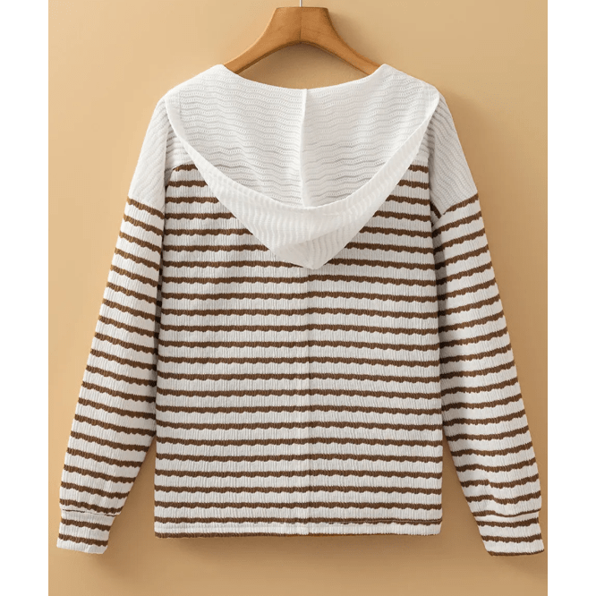 Bertha Khaki Stripe Textured Hooded V Neck Casual Long Sleeve Top