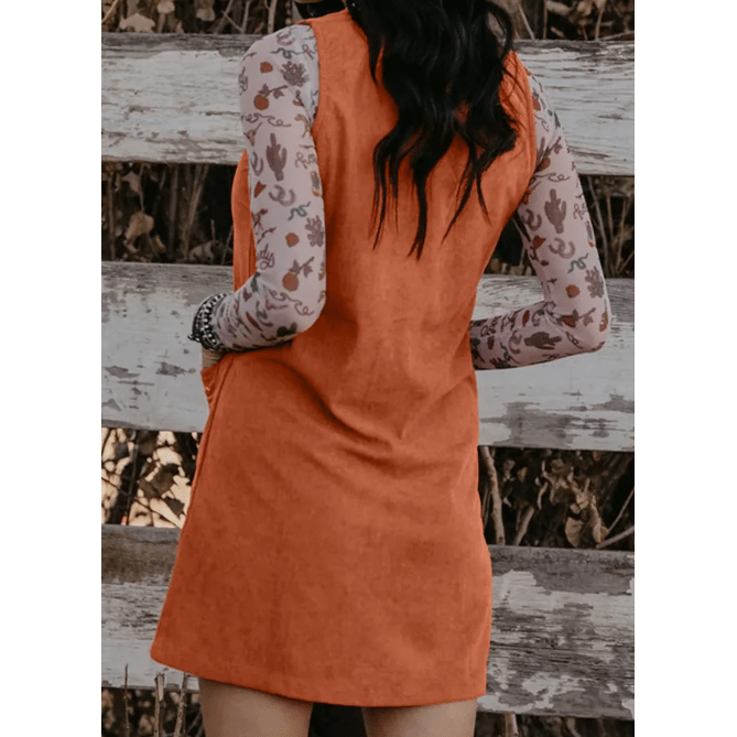 Charlotte Gold Flame Corduroy Western Embroidered Patched Pocket Shift Sleeveless Mini Dress