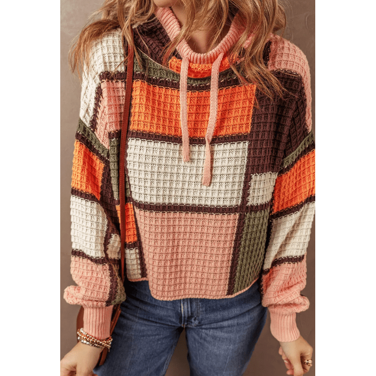 Eryn Orange Color Block Waffle Knit Drawstring Mock Neck Sweater