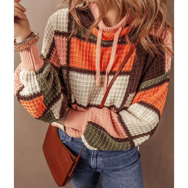 Eryn Orange Color Block Waffle Knit Drawstring Mock Neck Sweater