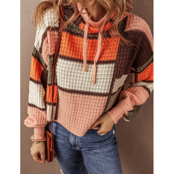 Eryn Orange Color Block Waffle Knit Drawstring Mock Neck Sweater
