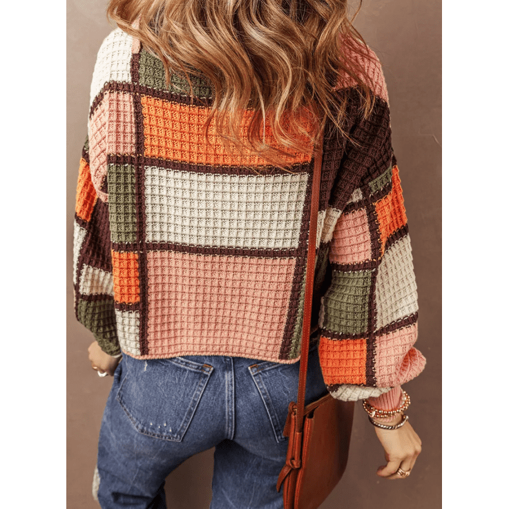 Eryn Orange Color Block Waffle Knit Drawstring Mock Neck Sweater