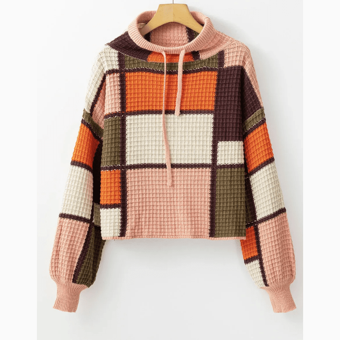 Eryn Orange Color Block Waffle Knit Drawstring Mock Neck Sweater