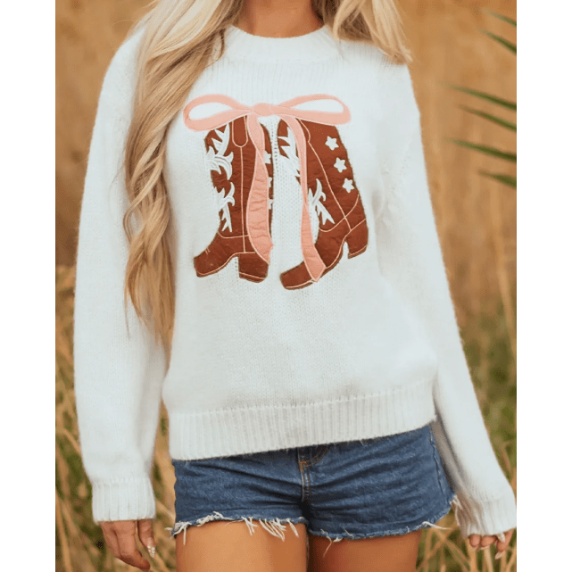 White Embroidered Bow Boots Graphic Drop Shoulder Sweater