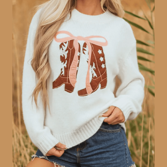 White Embroidered Bow Boots Graphic Drop Shoulder Sweater