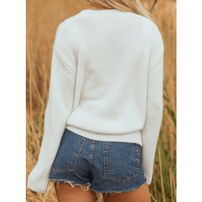 White Embroidered Bow Boots Graphic Drop Shoulder Sweater