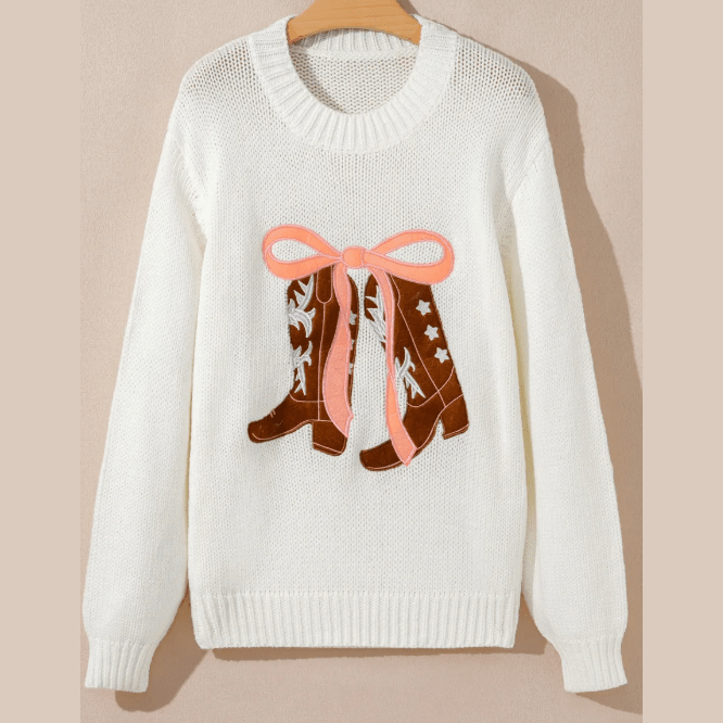 White Embroidered Bow Boots Graphic Drop Shoulder Sweater