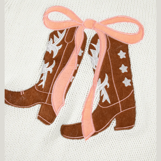 White Embroidered Bow Boots Graphic Drop Shoulder Sweater