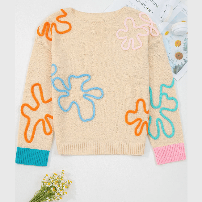 Heidi Flower Detail Colorblock Cuffed Loose Sweater