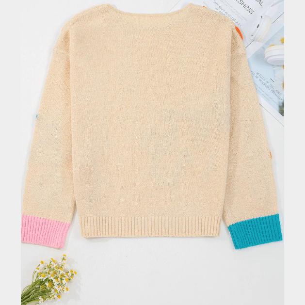 Heidi Flower Detail Colorblock Cuffed Loose Sweater