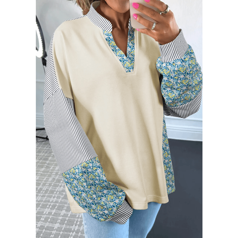 Ivy Beige Floral Striped Drop Sleeve Collared Boxy Fit Sweatshirt
