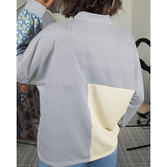 Ivy Beige Floral Striped Drop Sleeve Collared Boxy Fit Sweatshirt