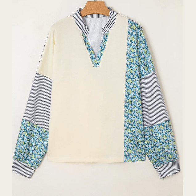 Ivy Beige Floral Striped Drop Sleeve Collared Boxy Fit Sweatshirt