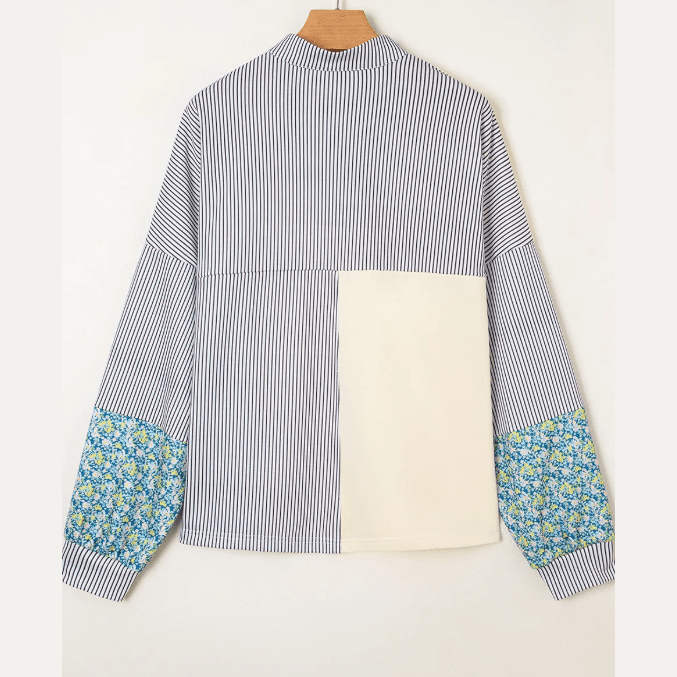 Ivy Beige Floral Striped Drop Sleeve Collared Boxy Fit Sweatshirt