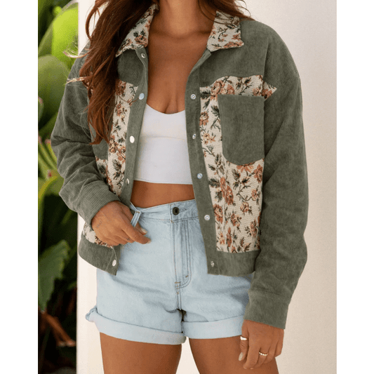 Josie Sage Green Ribbed Retro Floral Patchwork Shirt Style Jacket
