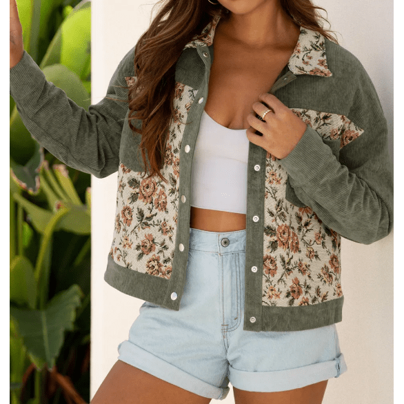 Josie Sage Green Ribbed Retro Floral Patchwork Shirt Style Jacket
