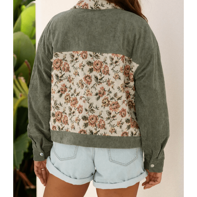 Josie Sage Green Ribbed Retro Floral Patchwork Shirt Style Jacket