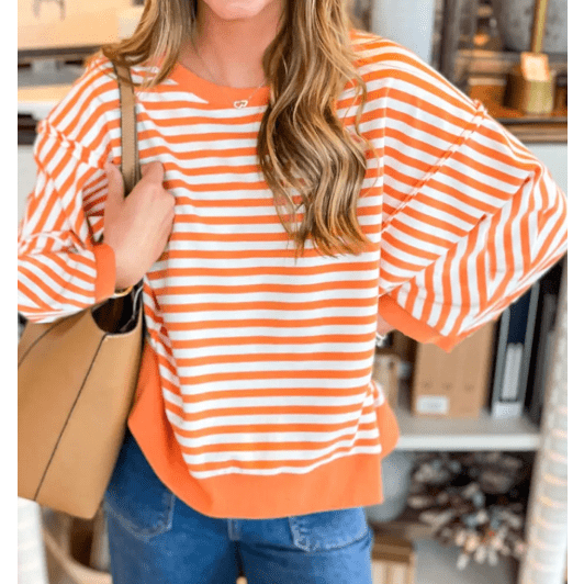 Miley Orange Stripe Exposed Seam Drop Shoulder Casual Pullover Top