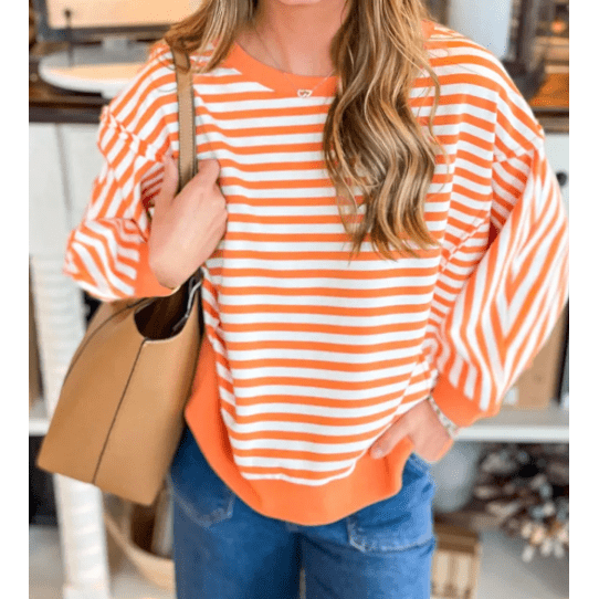 Miley Orange Stripe Exposed Seam Drop Shoulder Casual Pullover Top