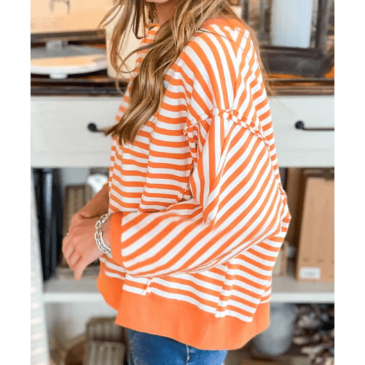 Miley Orange Stripe Exposed Seam Drop Shoulder Casual Pullover Top