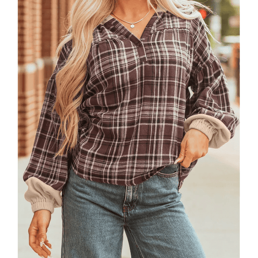 Rayn Brown Plaid Patchwork Long Sleeve Button Hooded Shirt